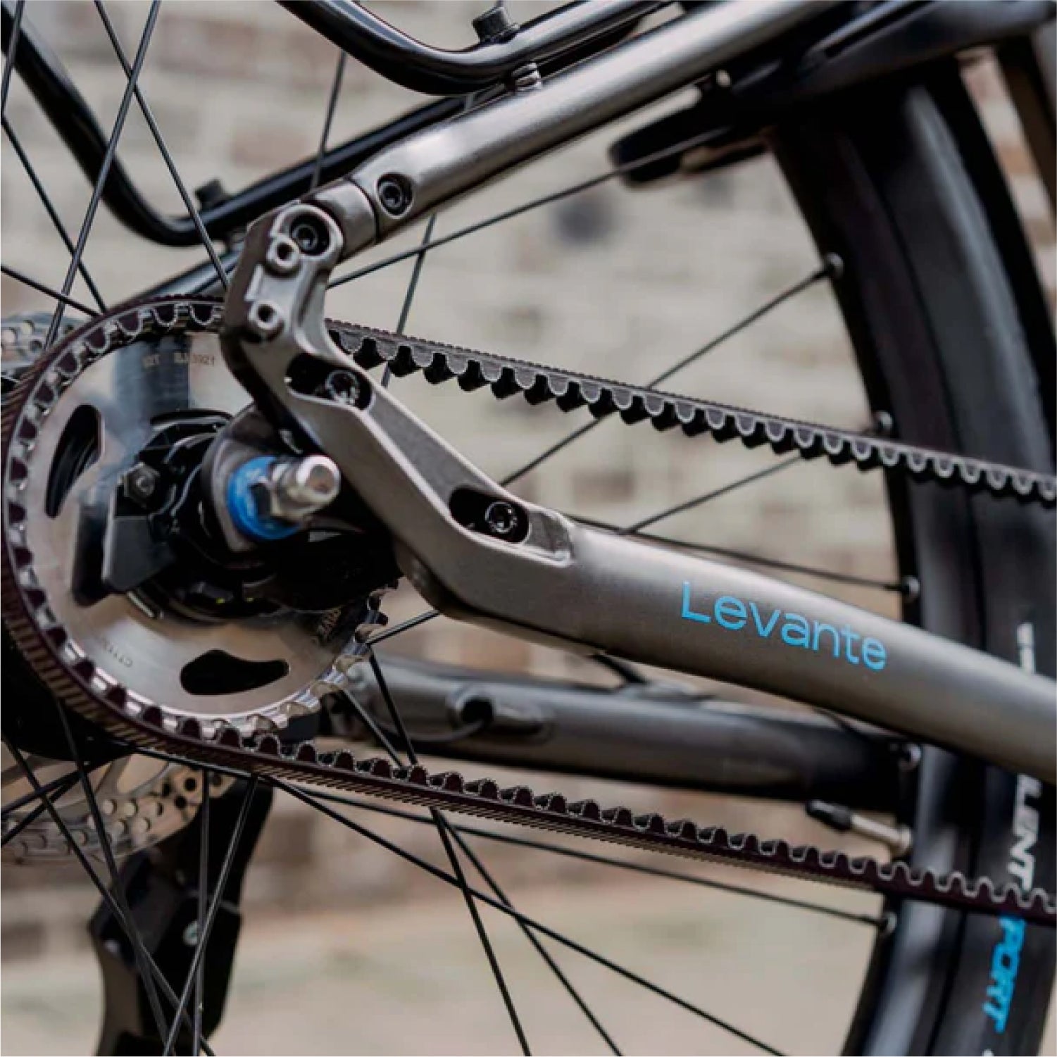 Detailshot Levante E4 e-bike van onderdelen Shimano versnellingen, wiel, Gates carbon belt en Levante logo op frame